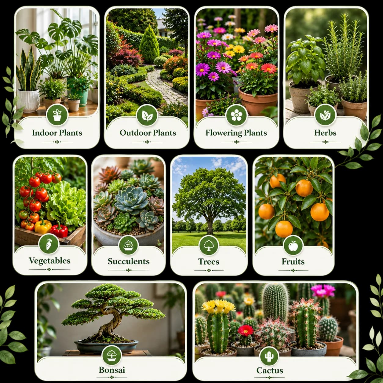 Arviron plant library categories: indoor, outdoor, flowering plants, herbs, vegetables, succulents, trees, fruits, bonsai, and cactus