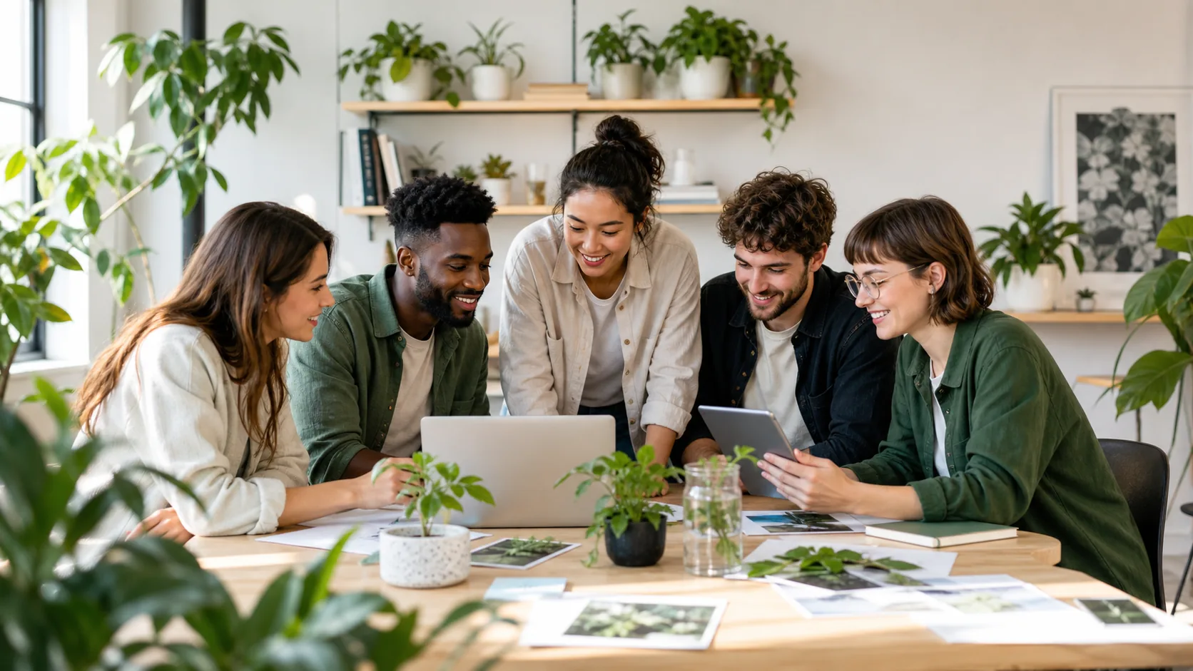 The Arviron team collaborating in a plant-filled workspace