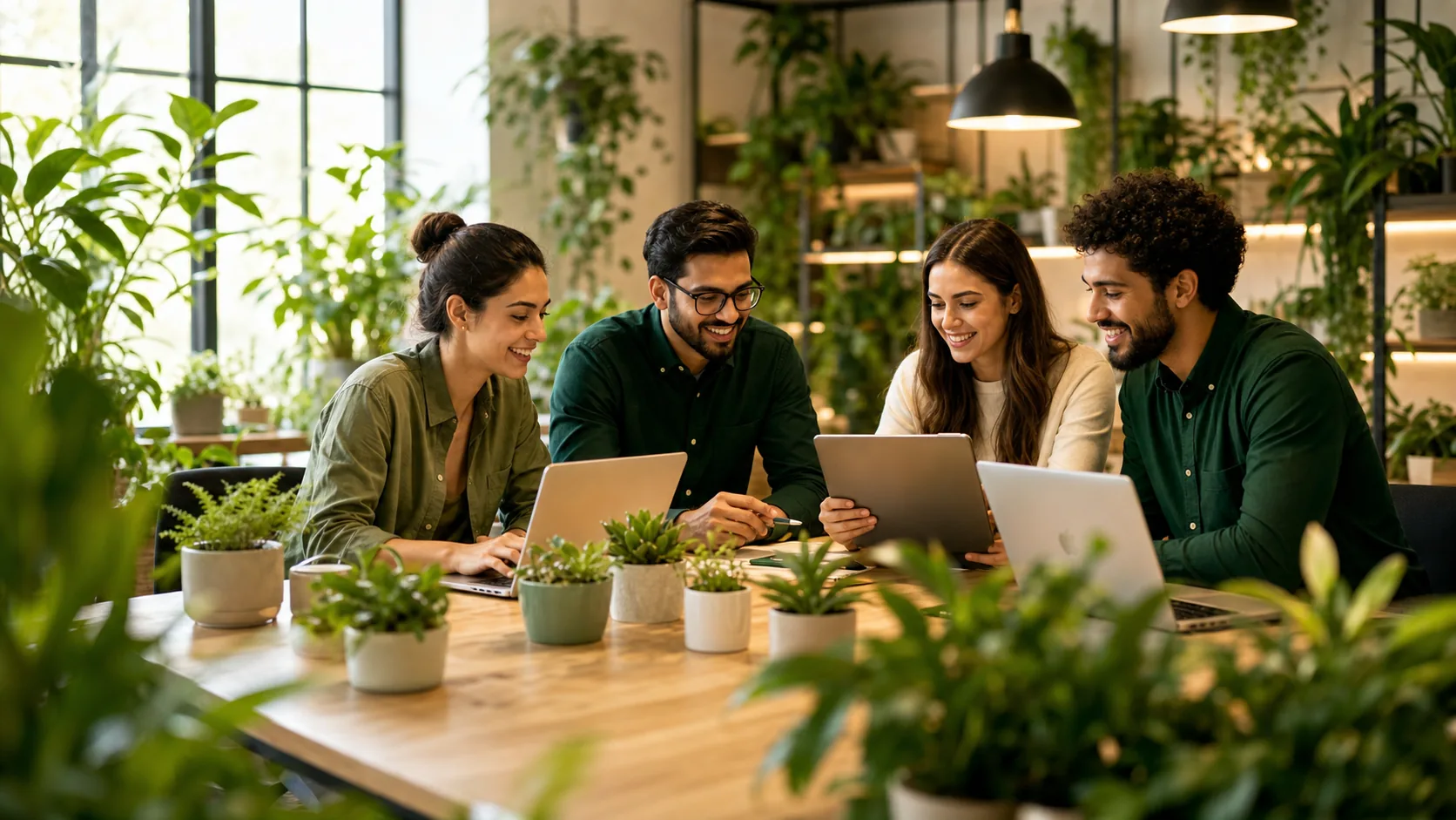 The Arviron team collaborating in a plant-filled workspace