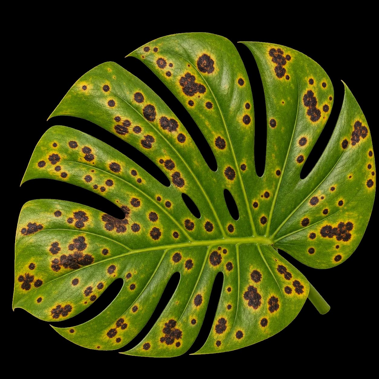 A green leaf with black and brown disease spots