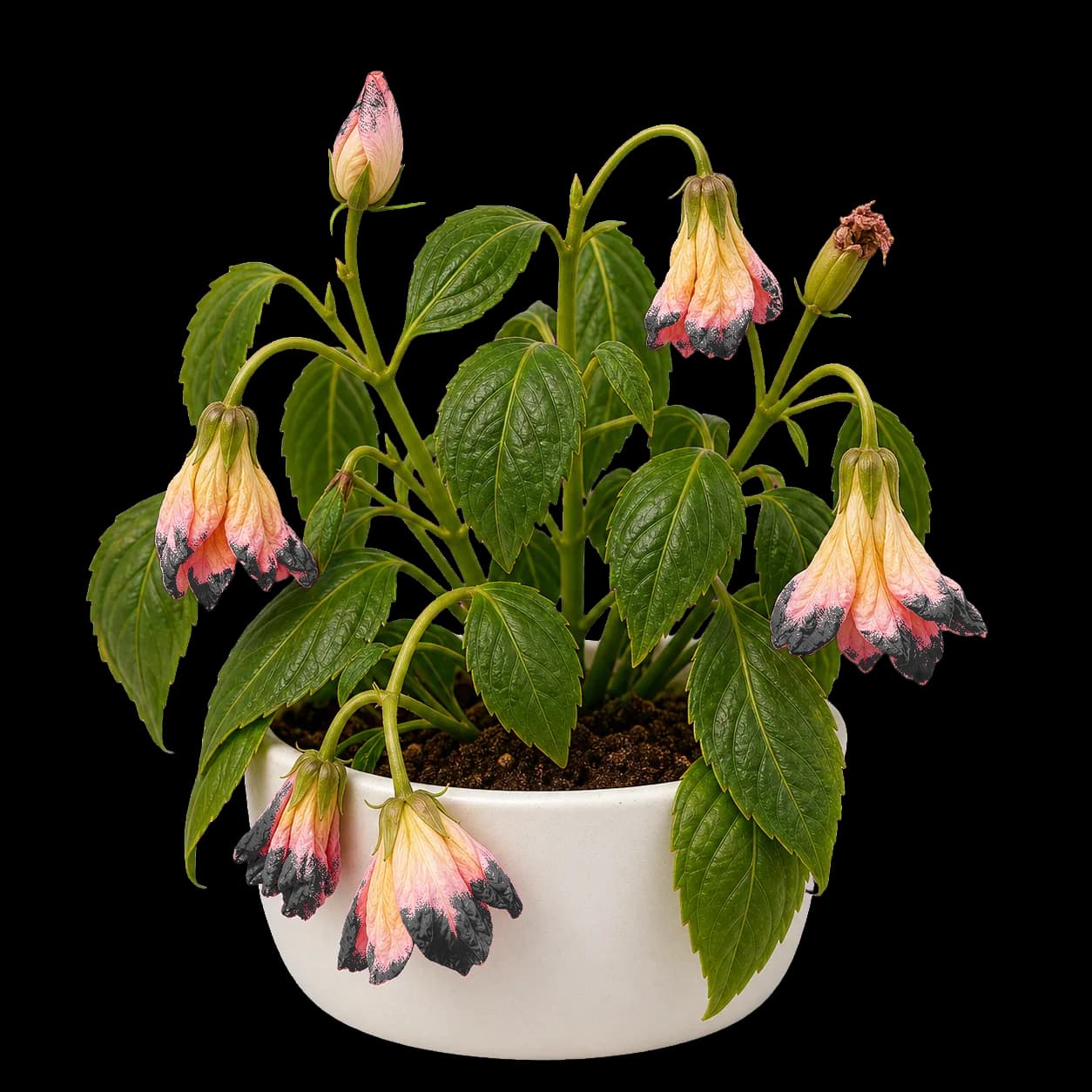 A flowering plant with drooping blossoms and failed buds