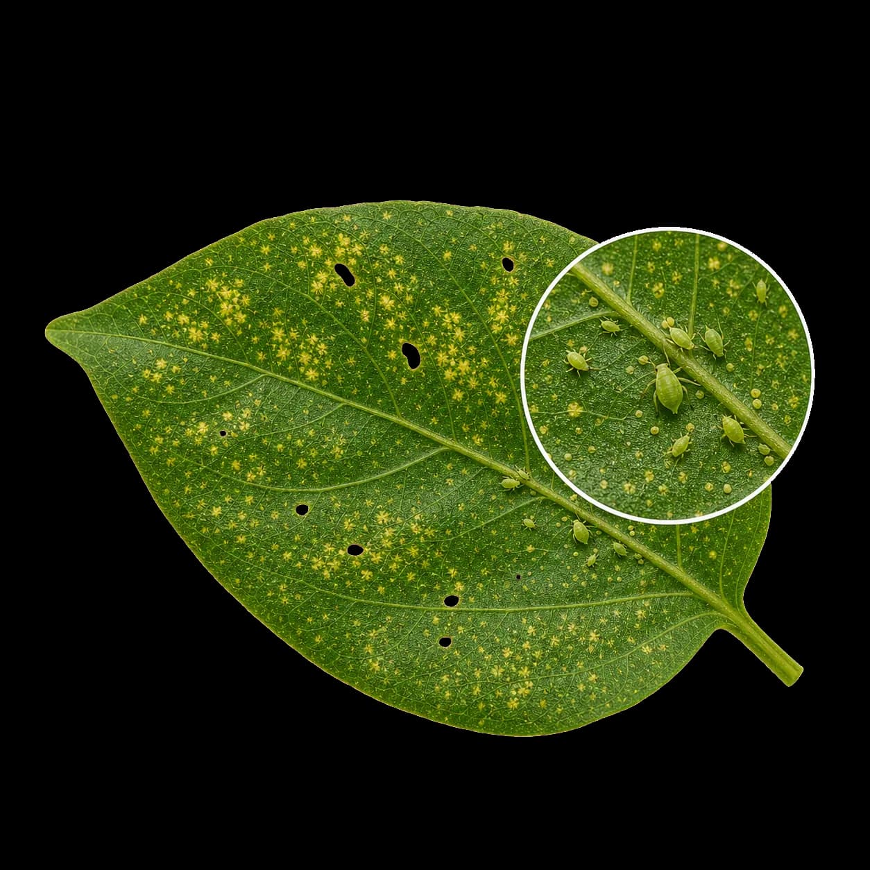 A damaged green leaf with tiny aphids and feeding marks